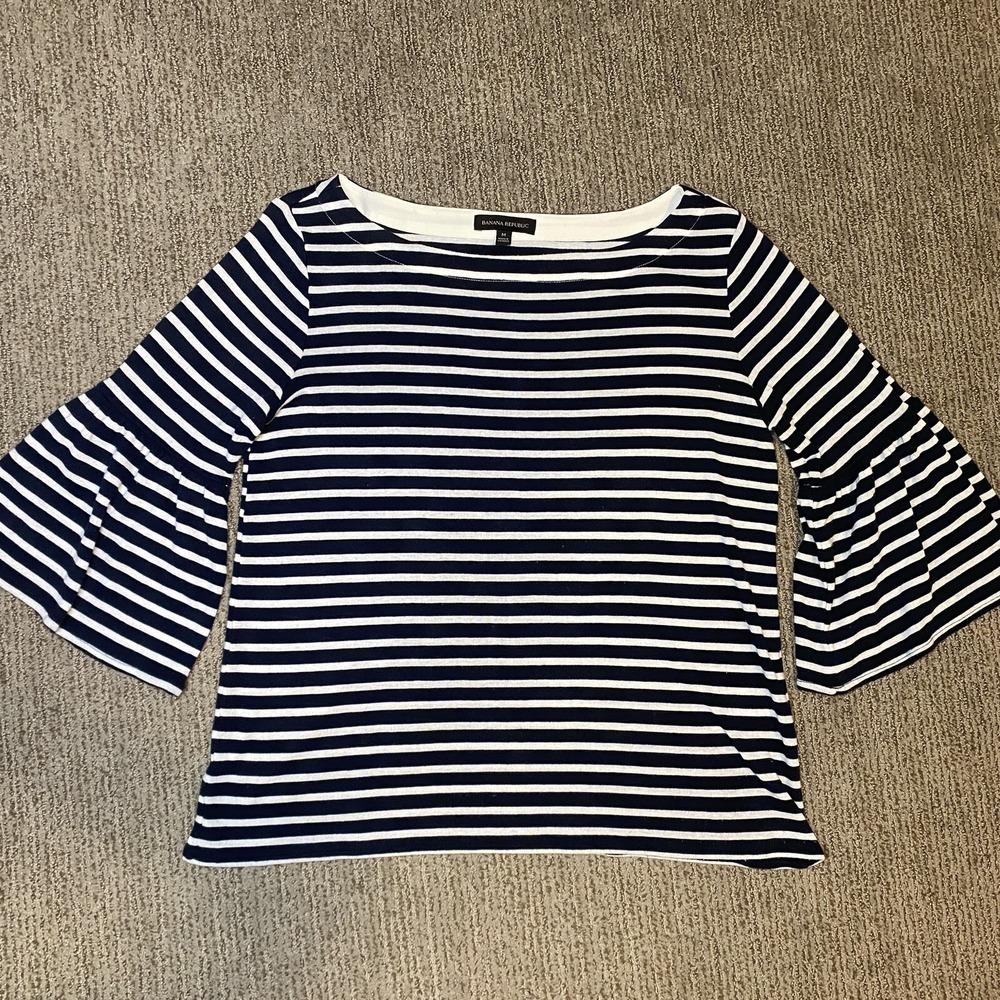 Banana Republic Womens M Pullover Sweater Bell Sleeve Blue White Stripe